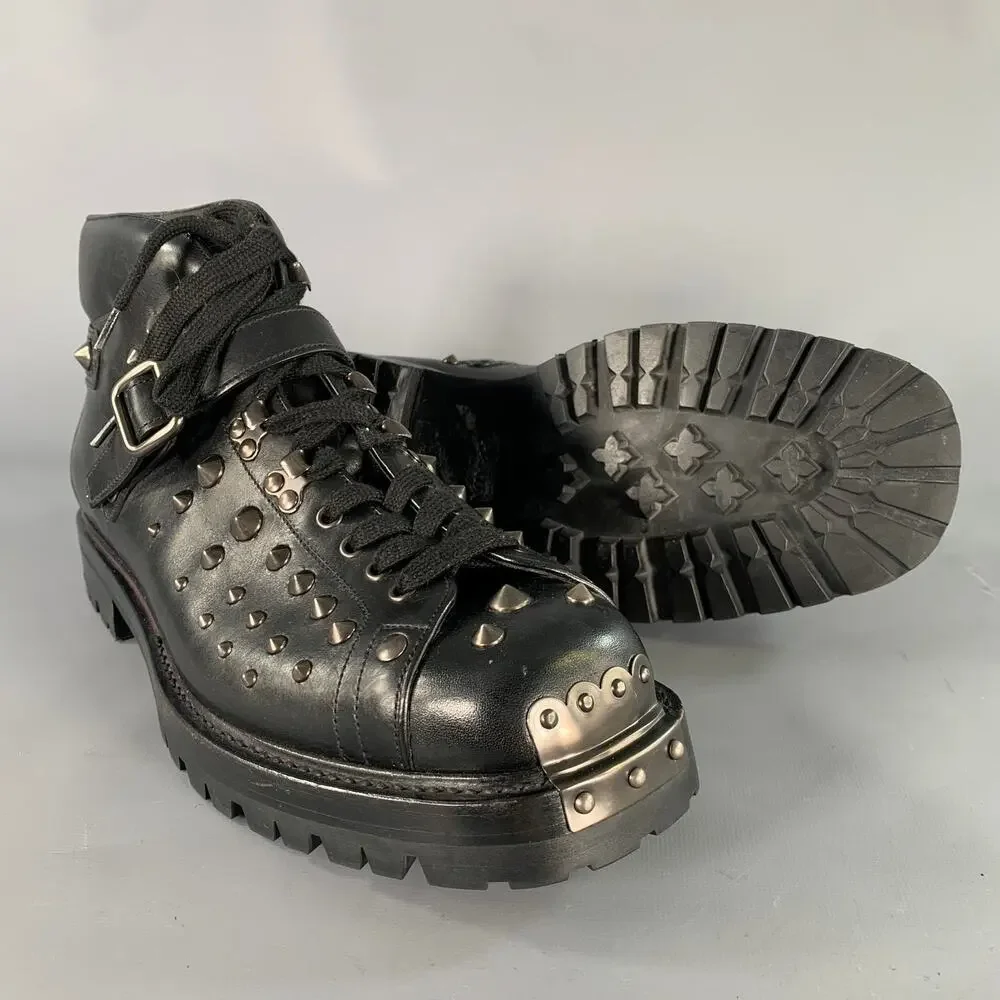 PRADA Size 12 Black Studded Leather Ankle Boots